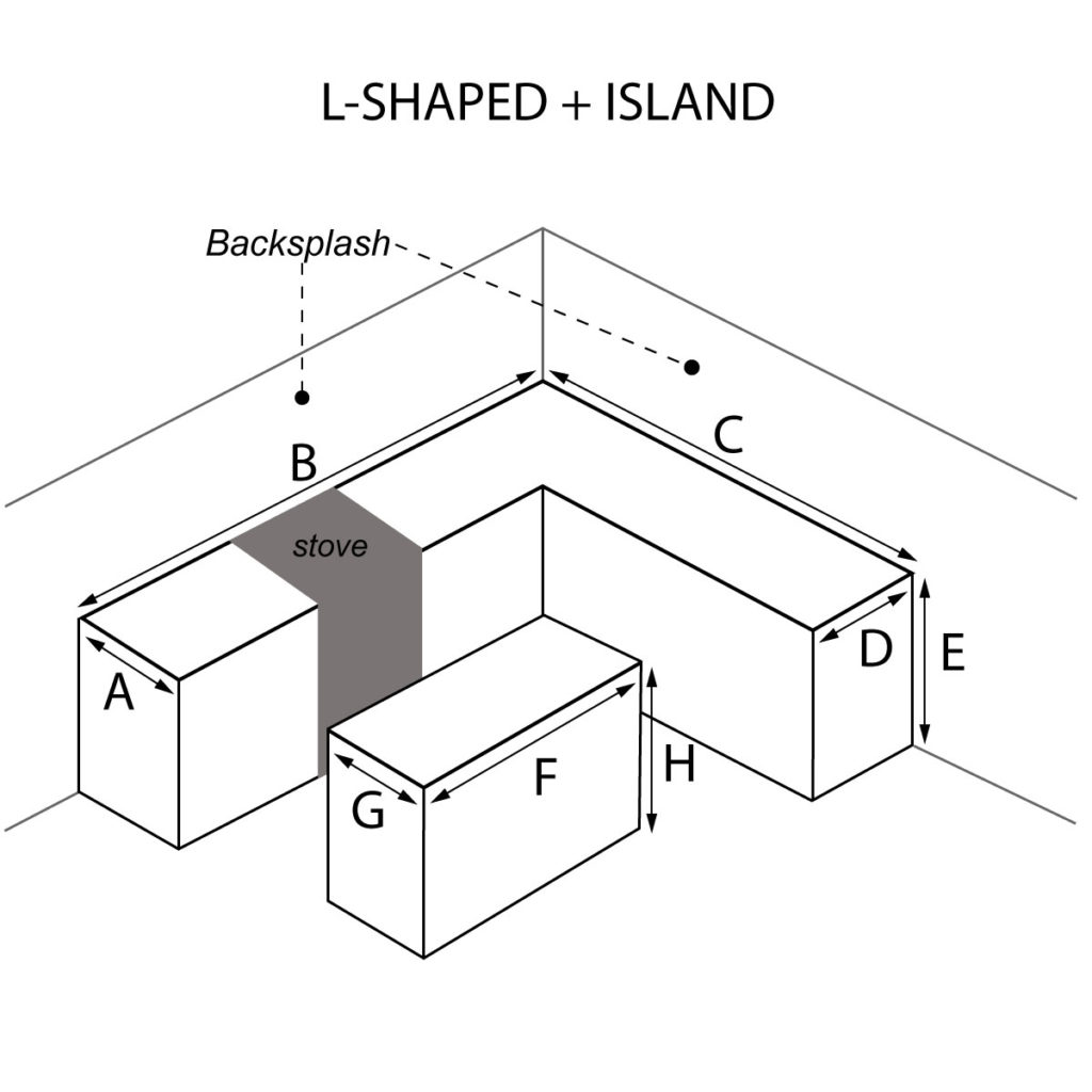 L-Shaped and Island countertop with stove on left hand side and optional waterfall and backsplash