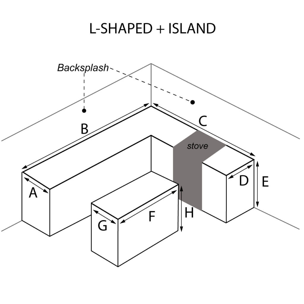 L-Shaped and Island countertop with stove on right hand side and optional waterfall and backsplash