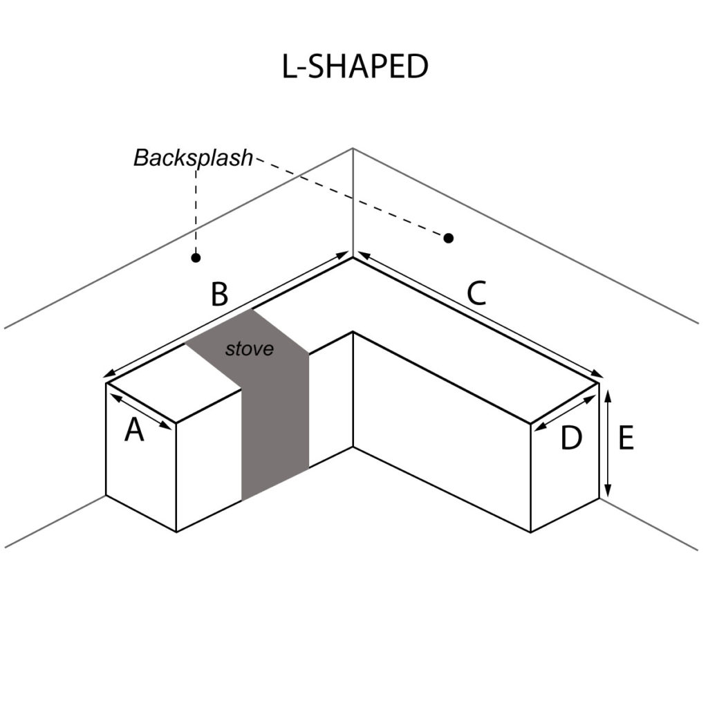 L-Shaped countertop with stove on left hand side and optional waterfall and backsplash