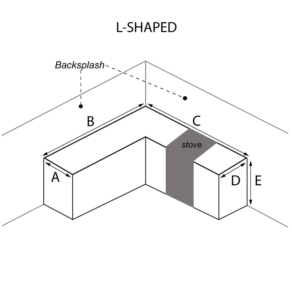 L-Shaped countertop with stove on right hand side and optional waterfall and backsplash