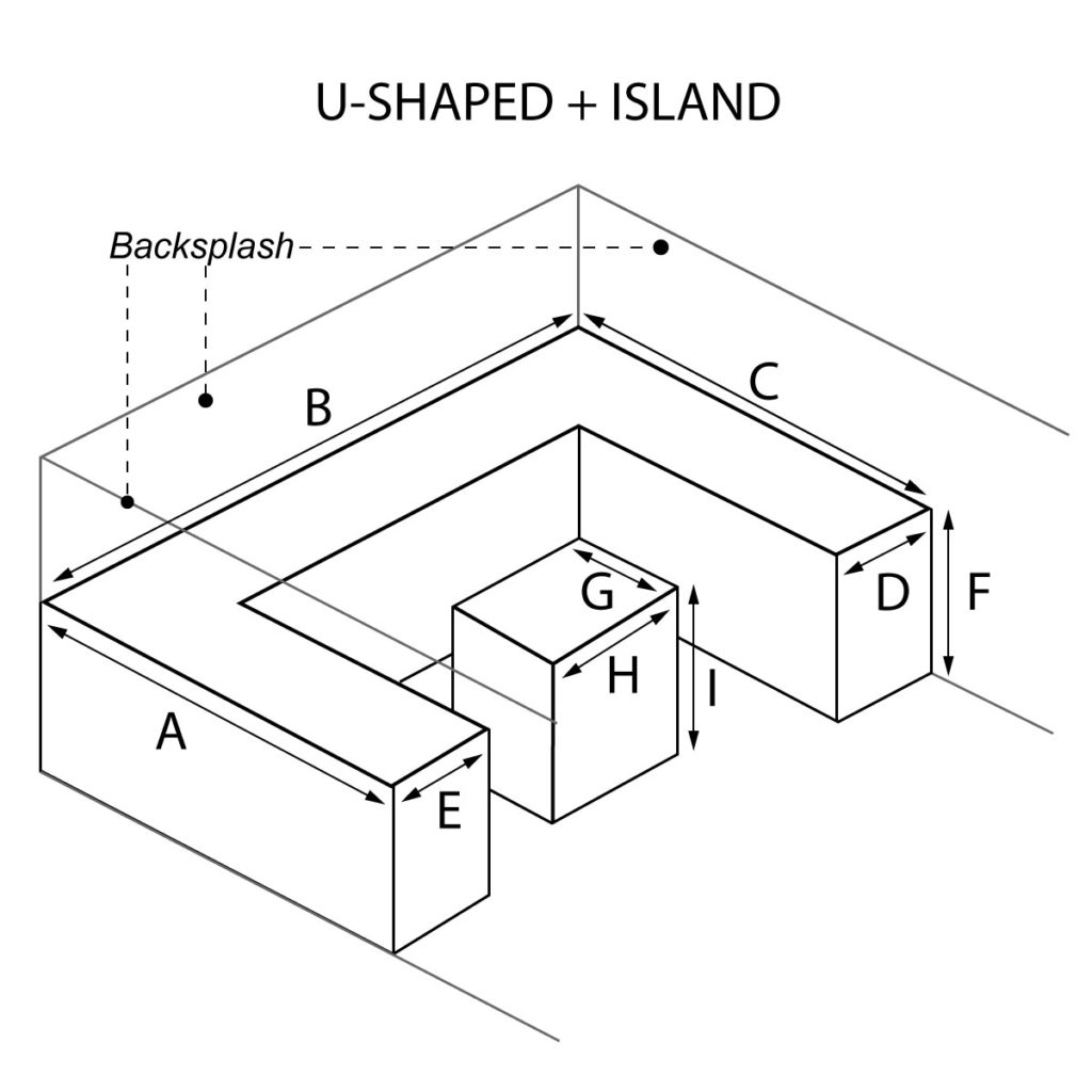 U-Shaped and Island countertop with optional waterfall and backsplash