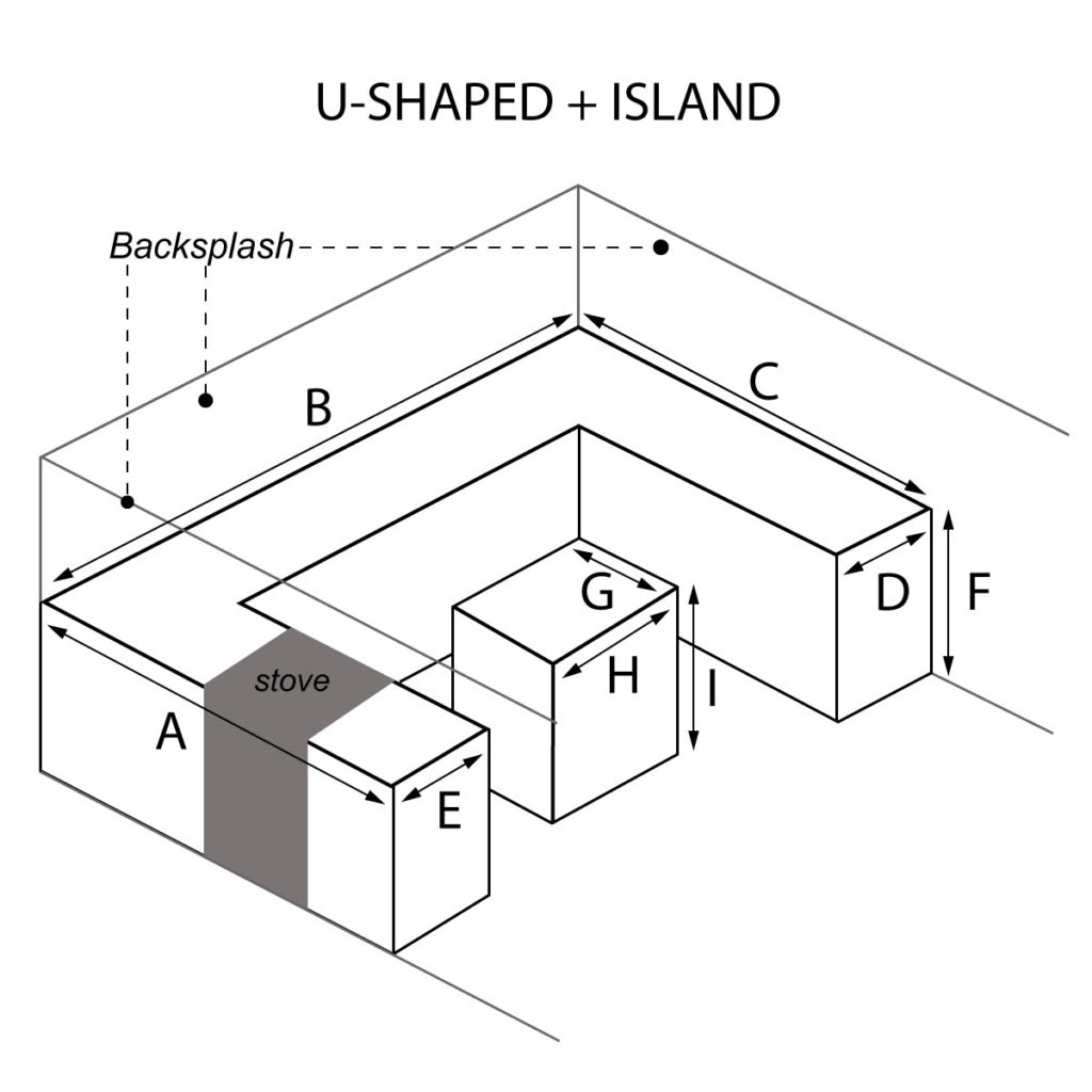 U-Shaped and Island countertop with stove on left hand side and optional waterfall and backsplash