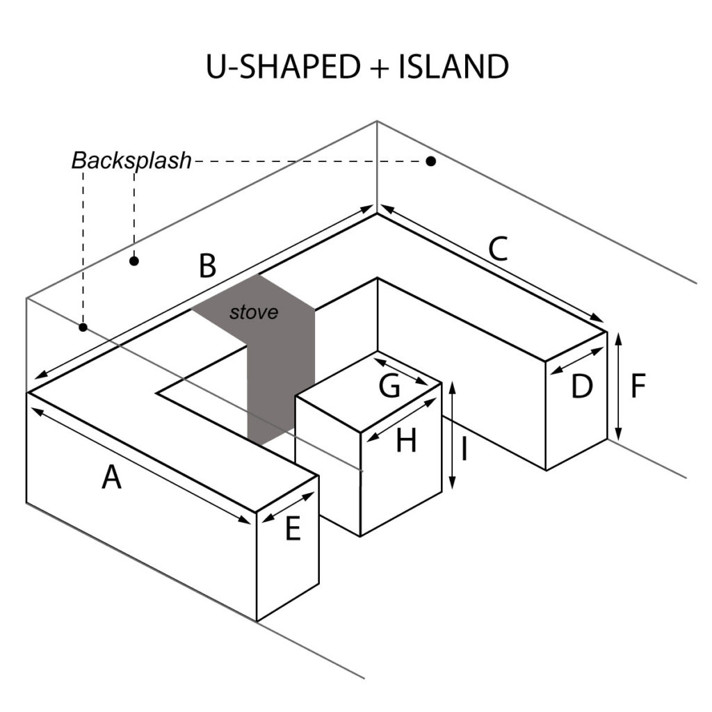 U-Shaped and Island countertop with stove on middle section and optional waterfall and backsplash