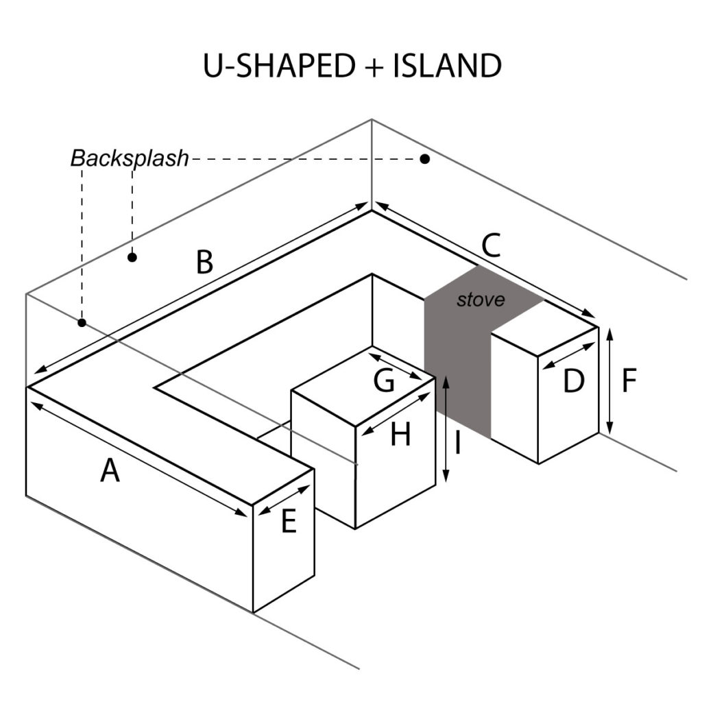 U-Shaped and Island countertop with stove on right hand side and optional waterfall and backsplash