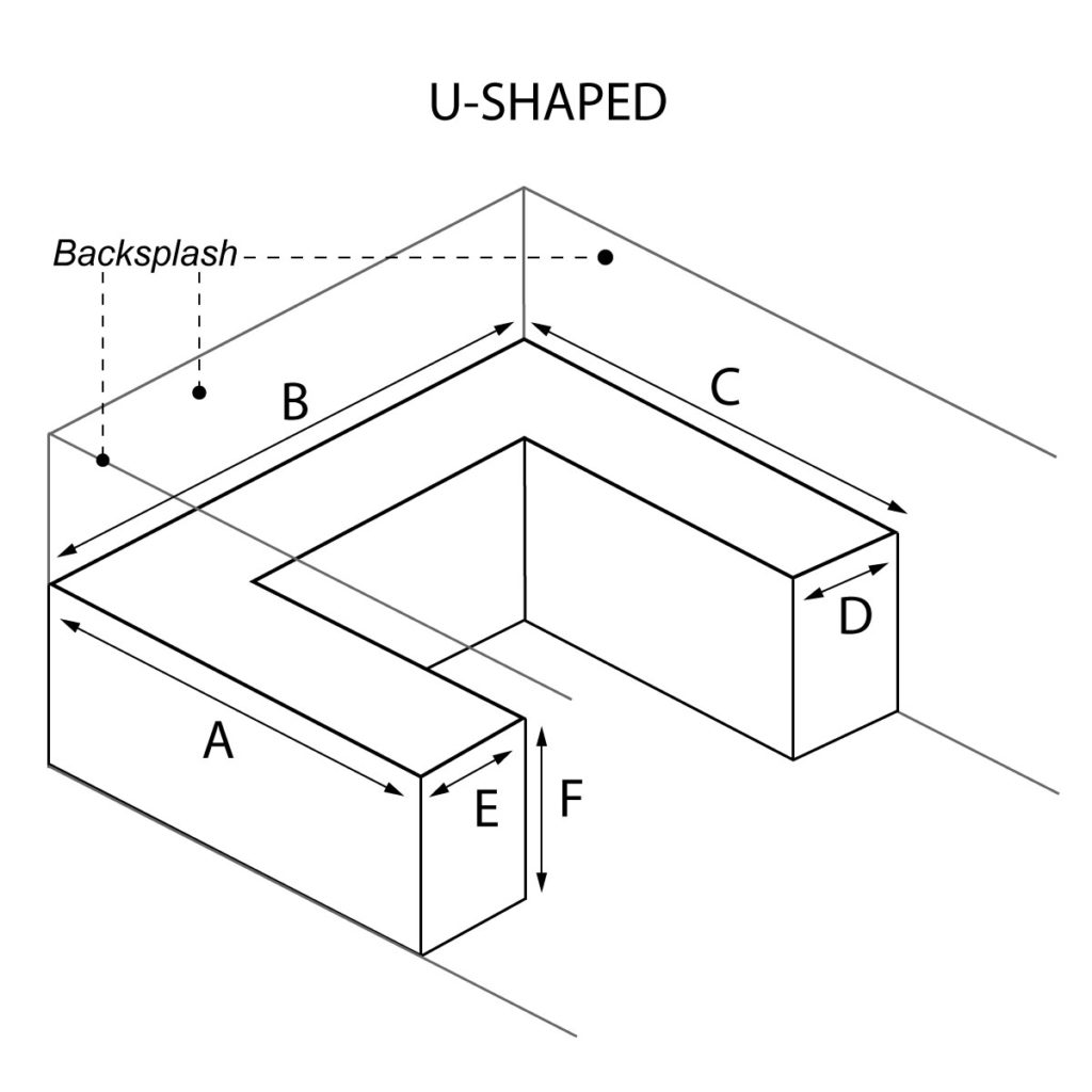 U-Shaped countertop with optional waterfall and backsplash