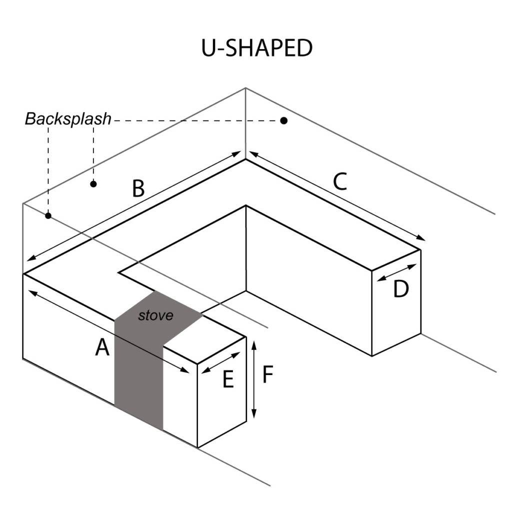 U-Shaped countertop with stove on left hand side and optional waterfall and backsplash